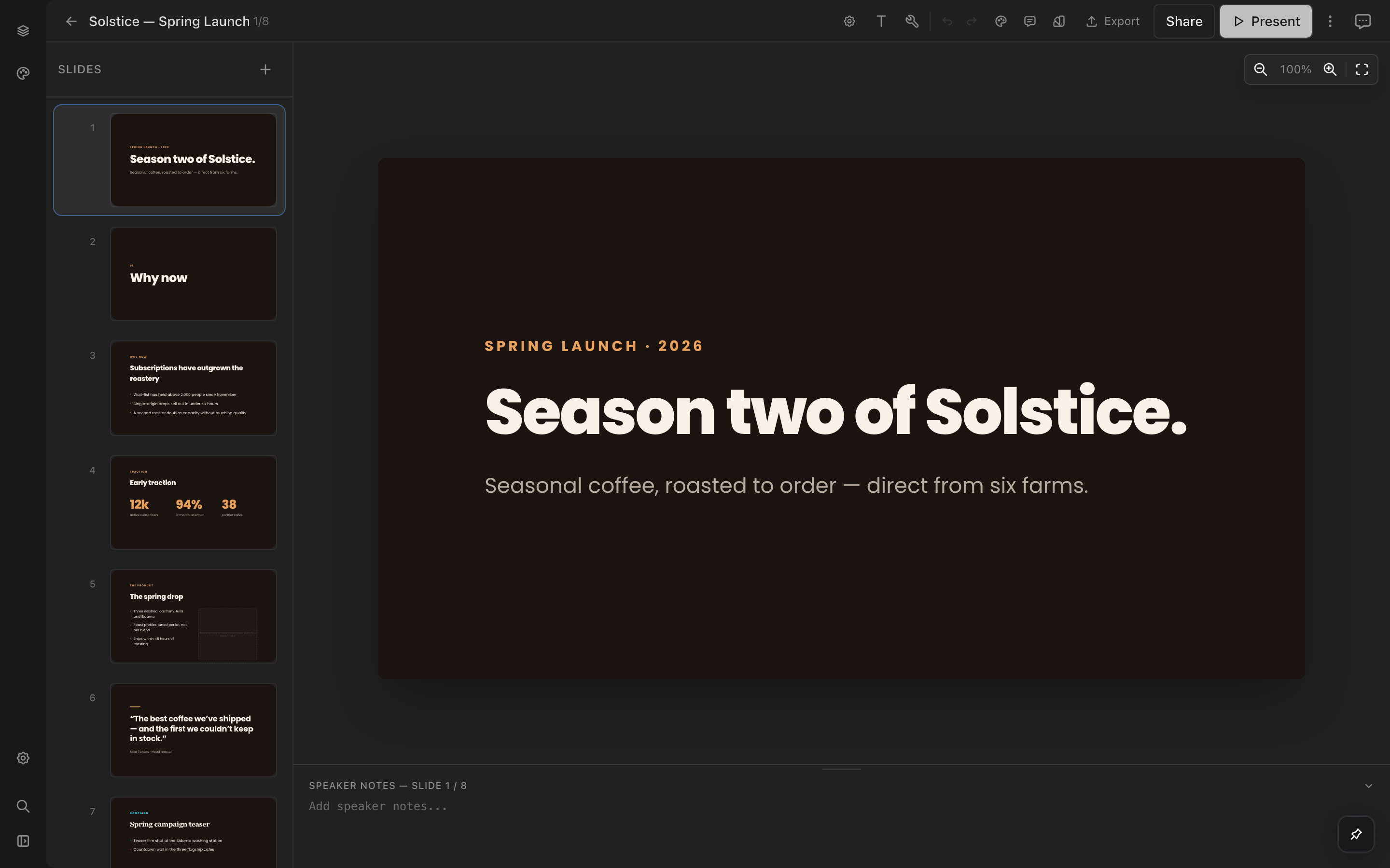 A presentation deck open in the Manatki editor
