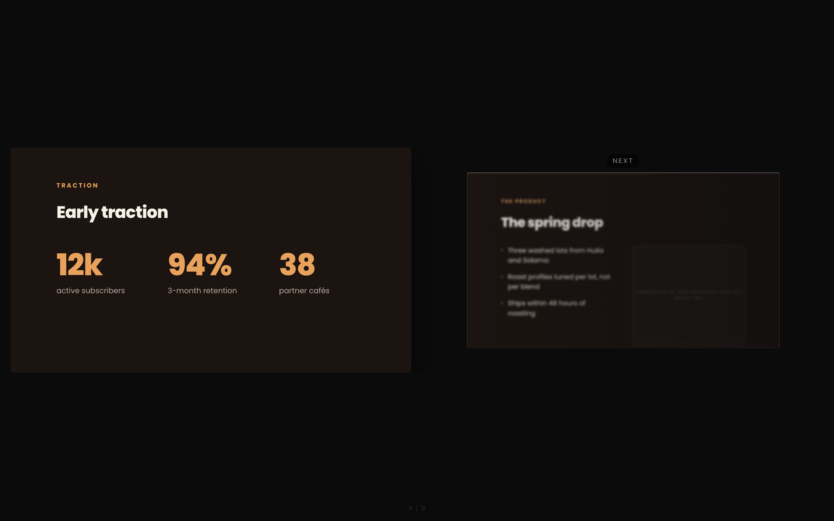 The presenter stage on a metrics slide, with the following slide previewed to the right