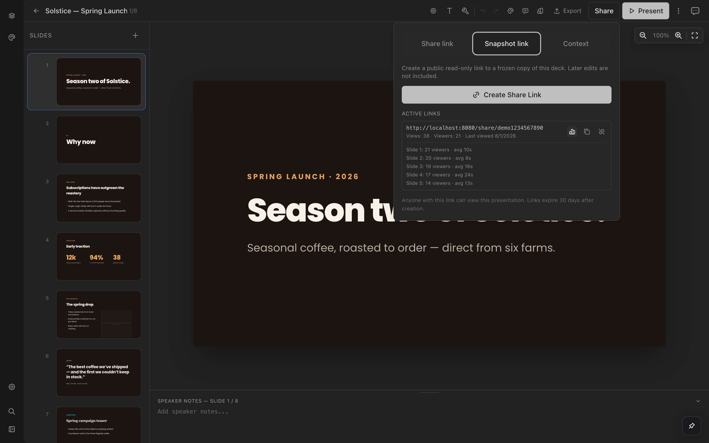 Share link analytics showing views, unique viewers, and per-slide time