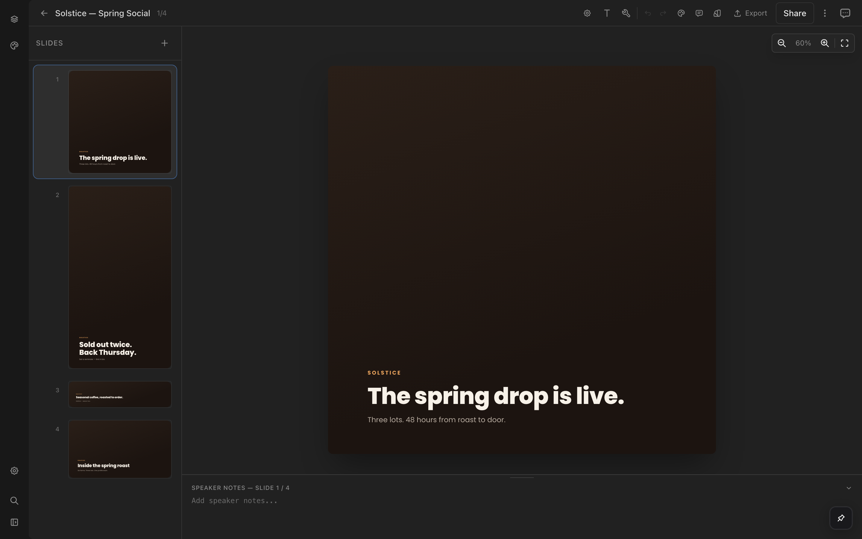A social project with assets at several canvas sizes, from square post to vertical story